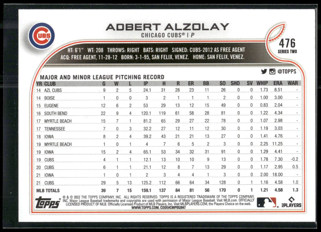 2022 Topps #476 Adbert Alzolay