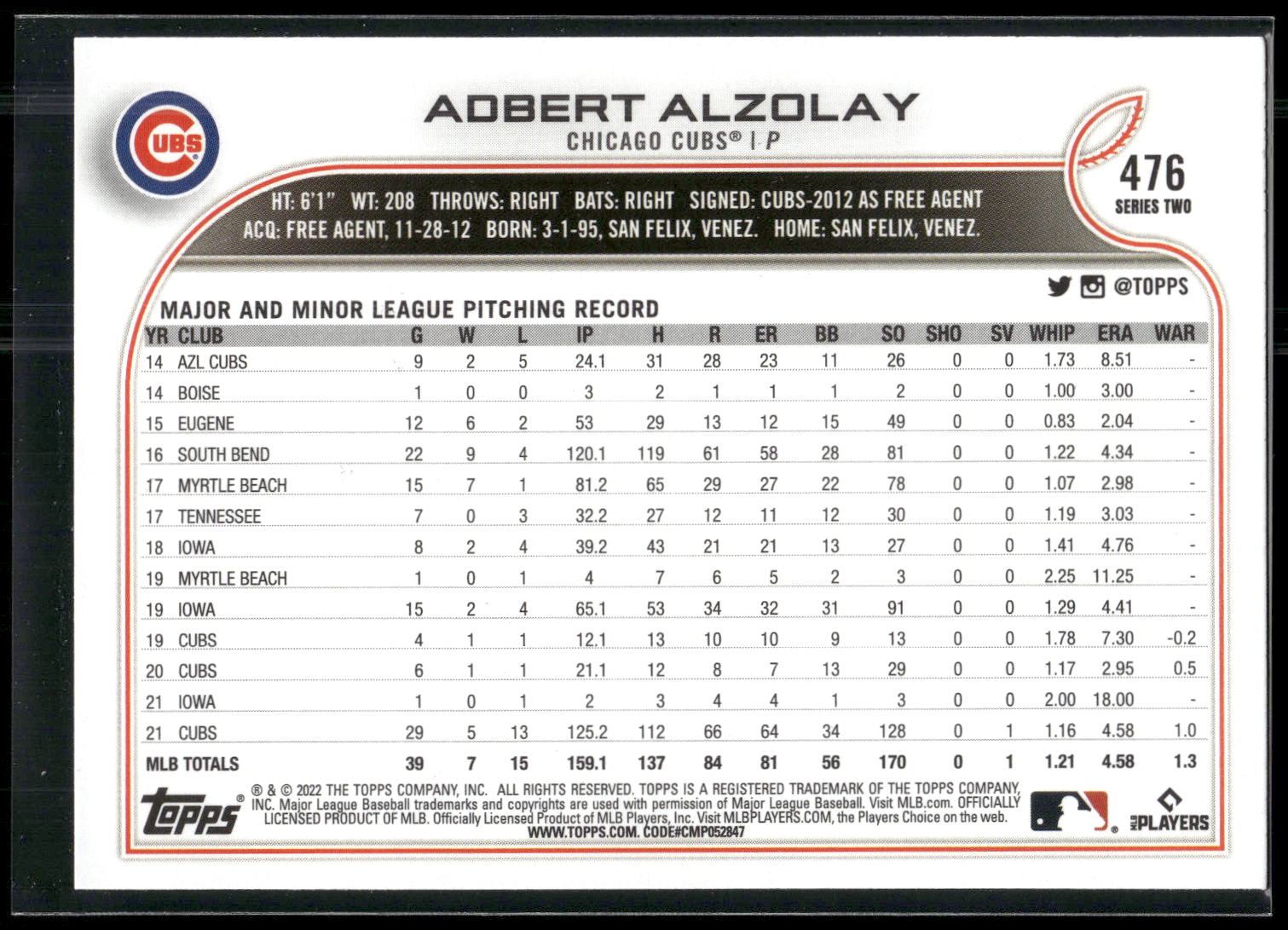 2022 Topps #476 Adbert Alzolay