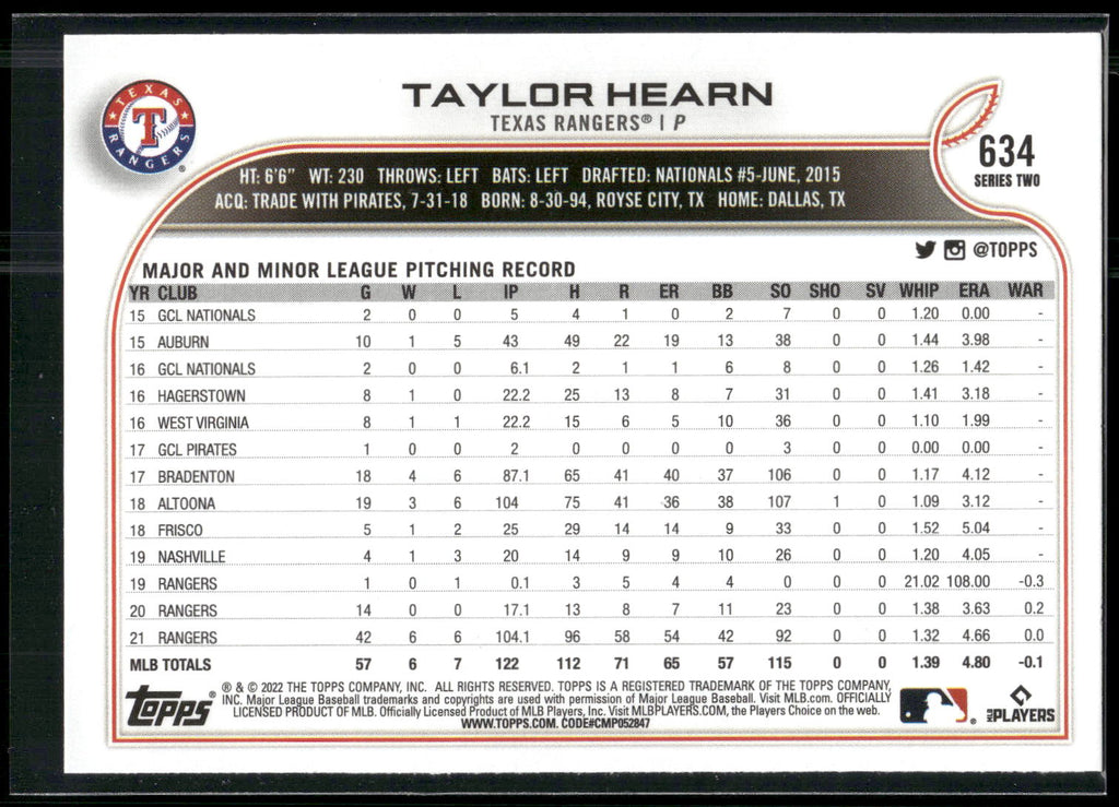 2022 Topps #634 Taylor Hearn