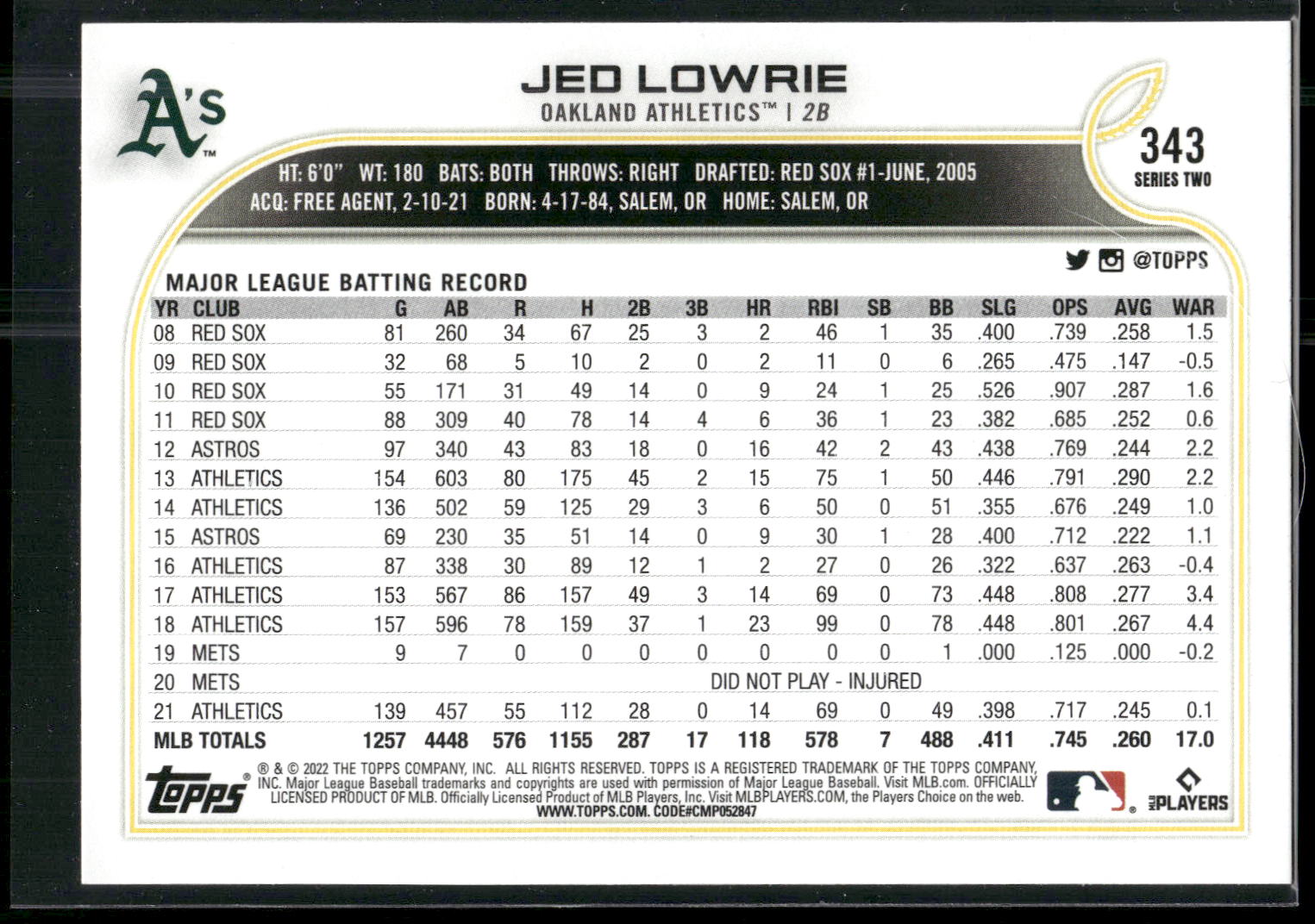 2022 Topps #343 Jed Lowrie