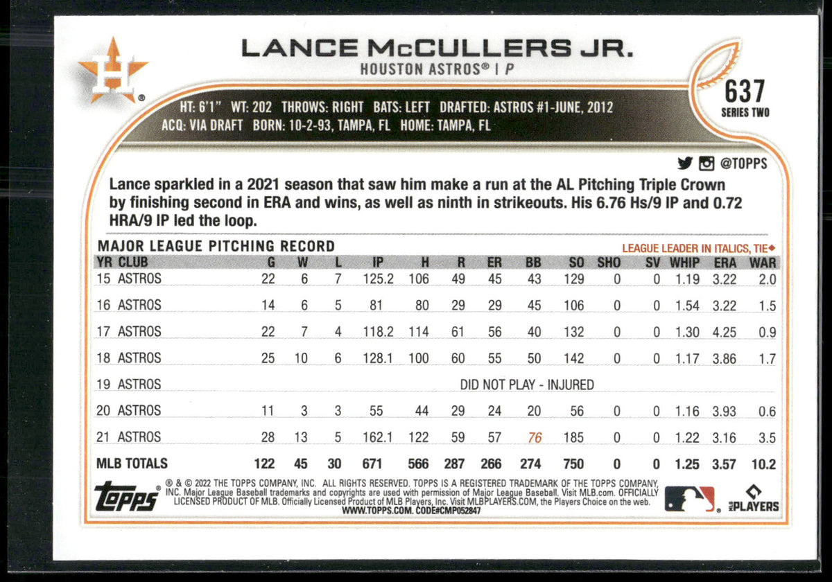 2022 Topps #637 Lance McCullers Jr.