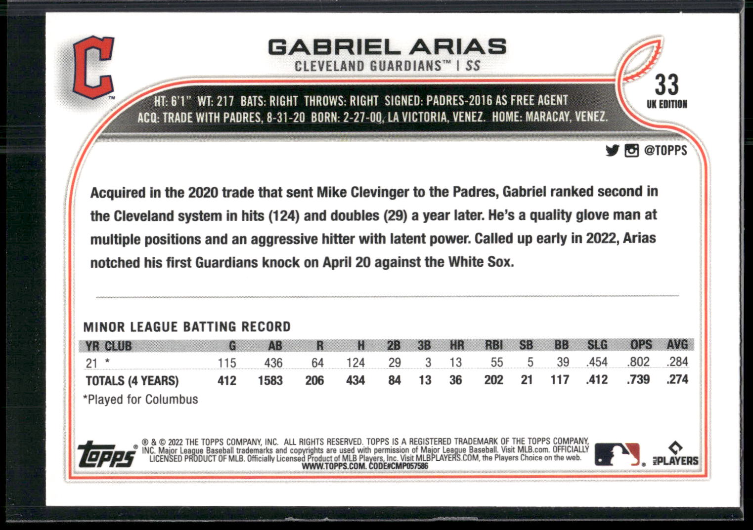 2022 Topps UK Edition #33 Gabriel Arias