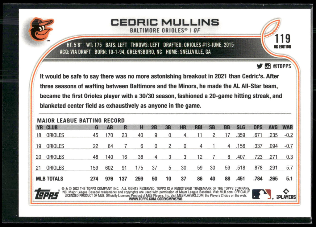 2022 Topps UK Edition #119 Cedric Mullins