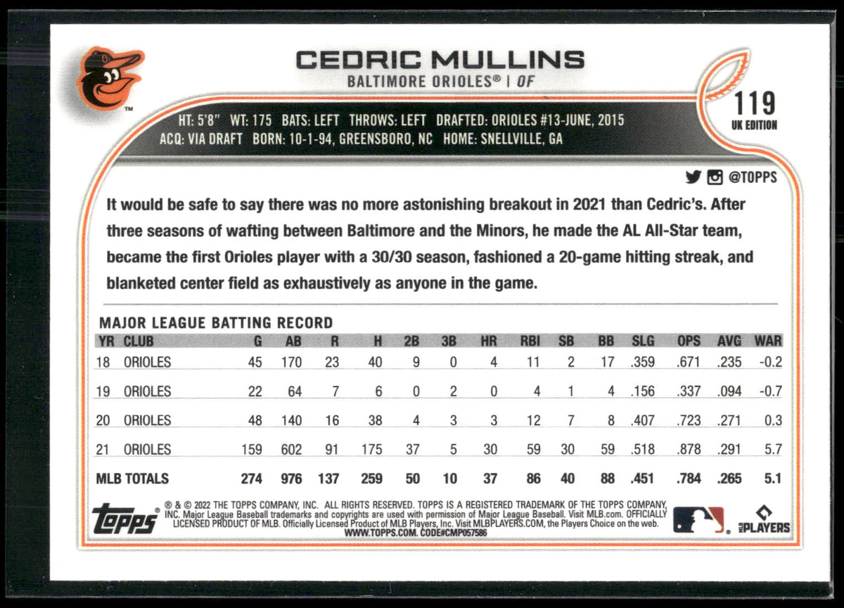 2022 Topps UK Edition #119 Cedric Mullins