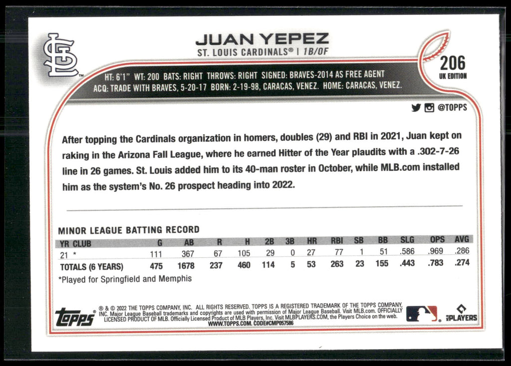 2022 Topps UK Edition #206 Juan Yepez
