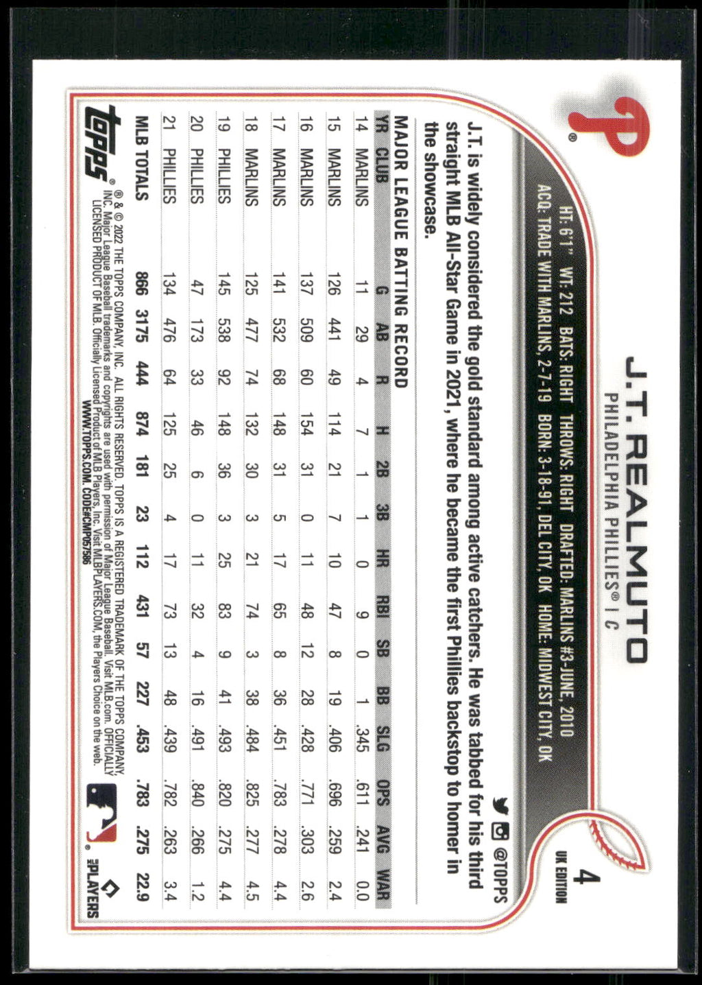 2022 Topps UK Edition #4 J.T. Realmuto