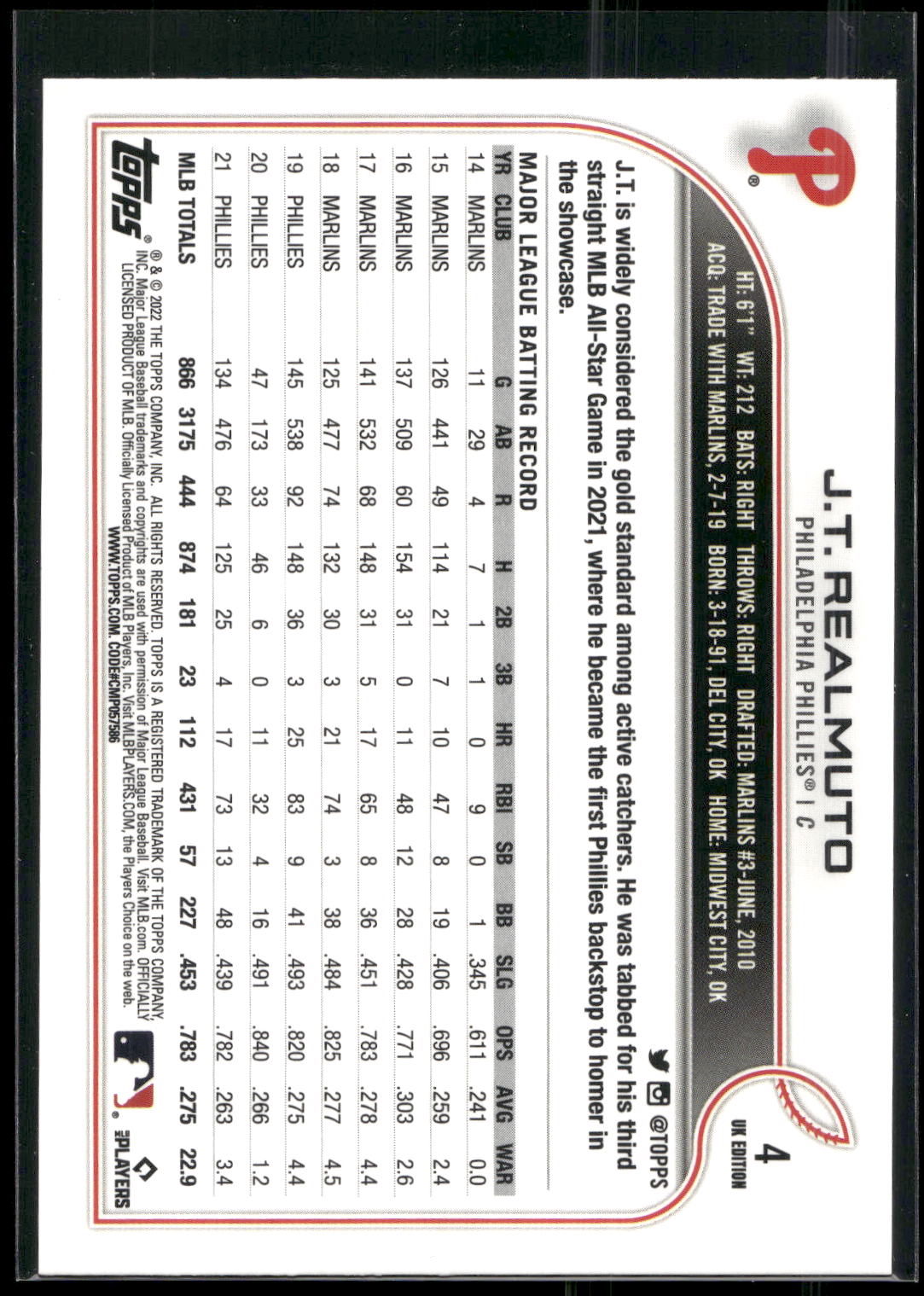 2022 Topps UK Edition #4 J.T. Realmuto