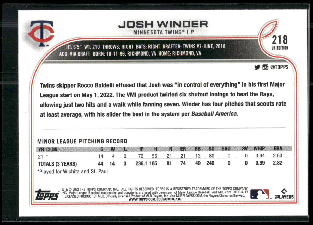 2022 Topps UK Edition #218 Josh Winder