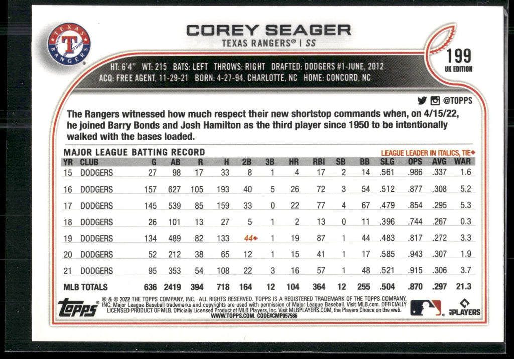 2022 Topps UK Edition #199 Corey Seager