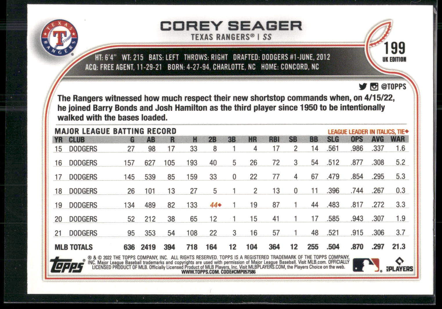 2022 Topps UK Edition #199 Corey Seager