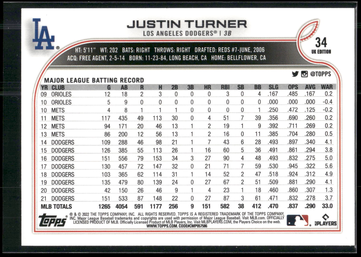 2022 Topps UK Edition #34 Justin Turner