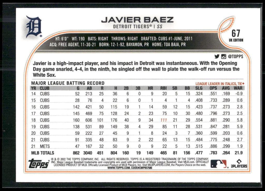 2022 Topps UK Edition #67 Javier Baez