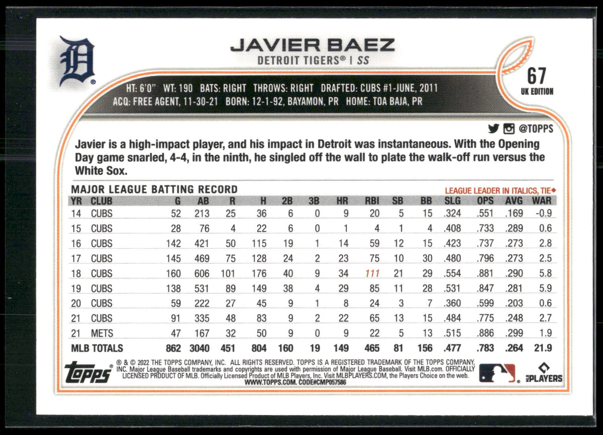2022 Topps UK Edition #67 Javier Baez
