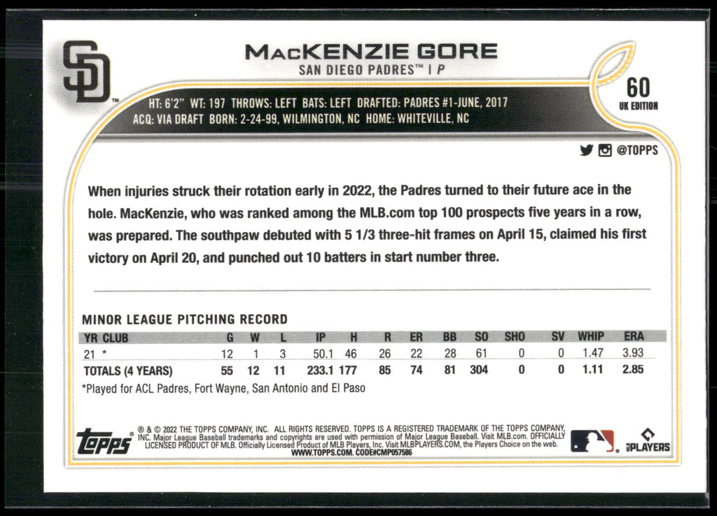 2022 Topps UK Edition #60 MacKenzie Gore