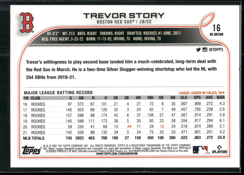 2022 Topps UK Edition #16 Trevor Story