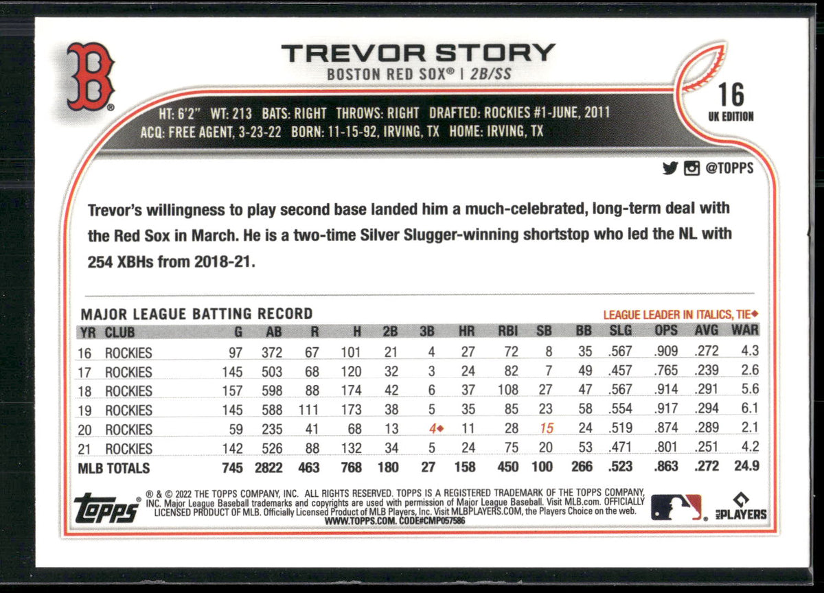 2022 Topps UK Edition #16 Trevor Story