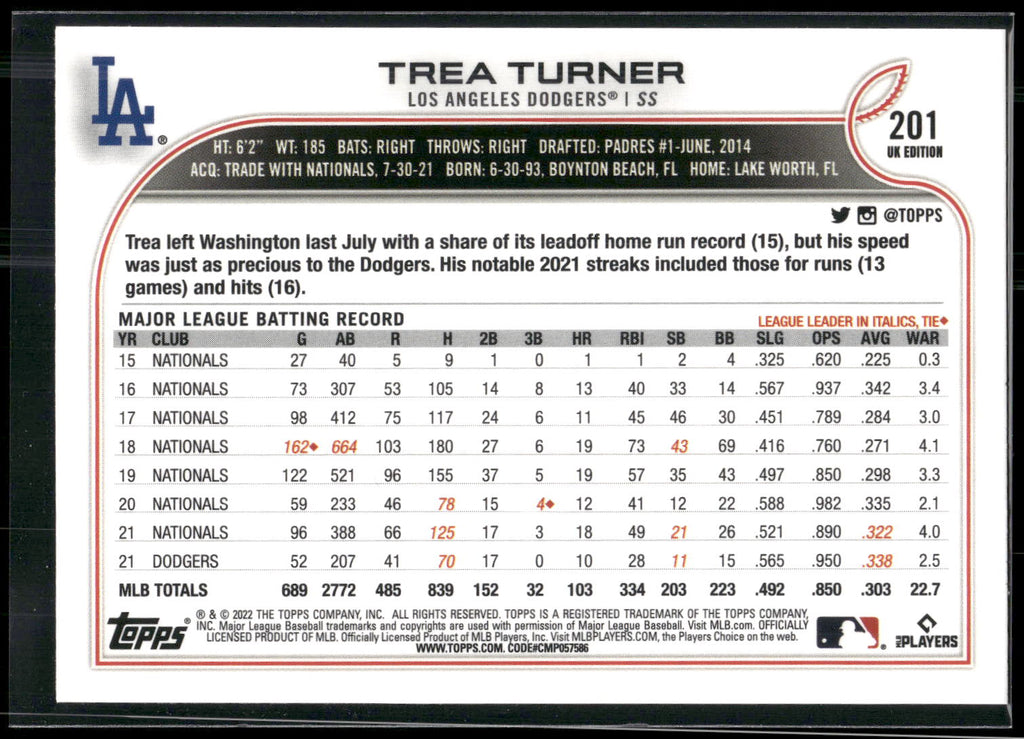 2022 Topps UK Edition #201 Trea Turner