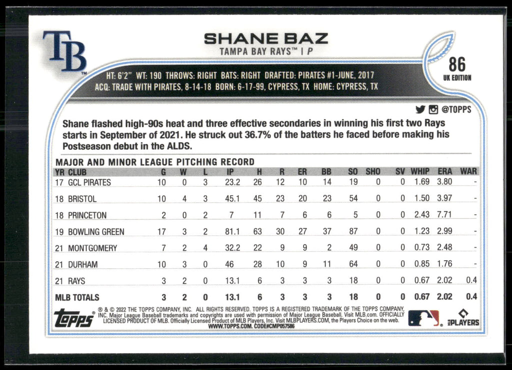 2022 Topps UK Edition #86 Shane Baz