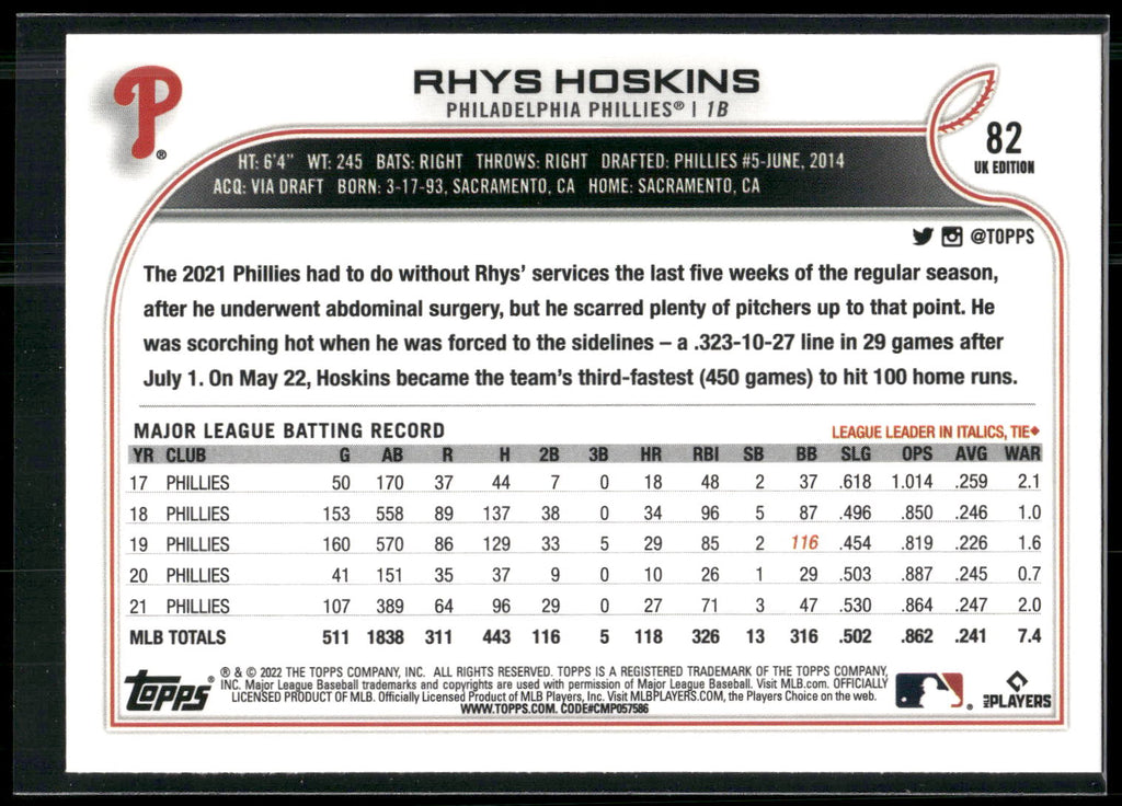 2022 Topps UK Edition #82 Rhys Hoskins