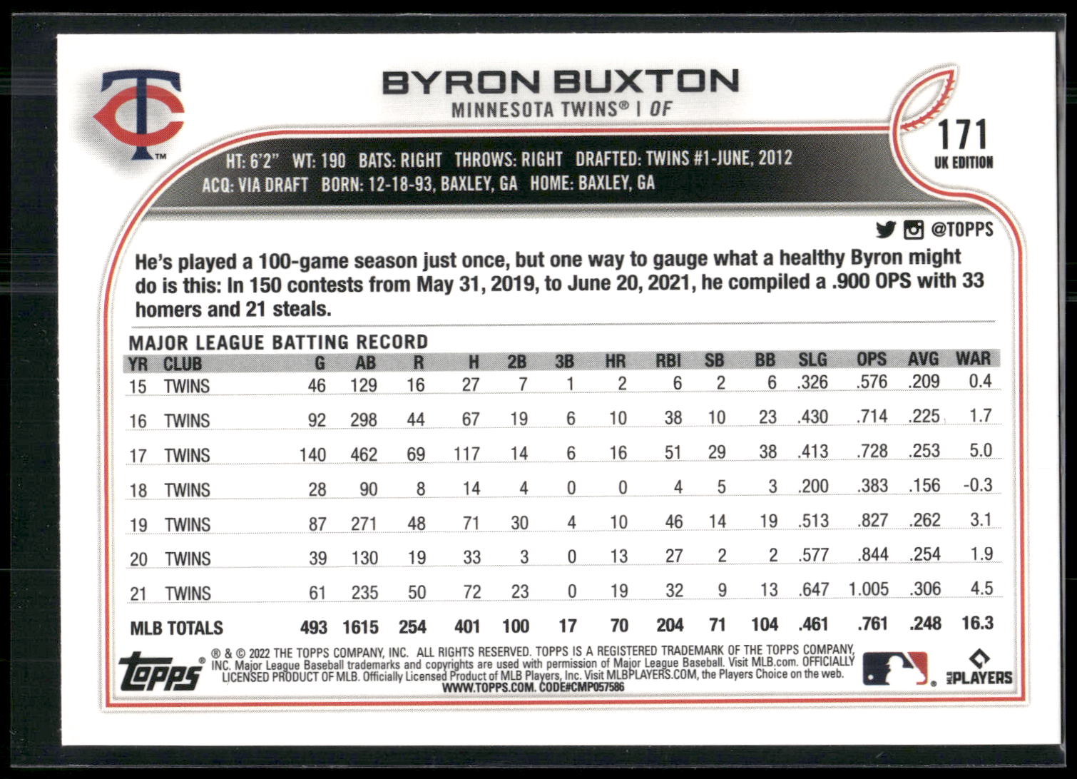 2022 Topps UK Edition #171 Byron Buxton