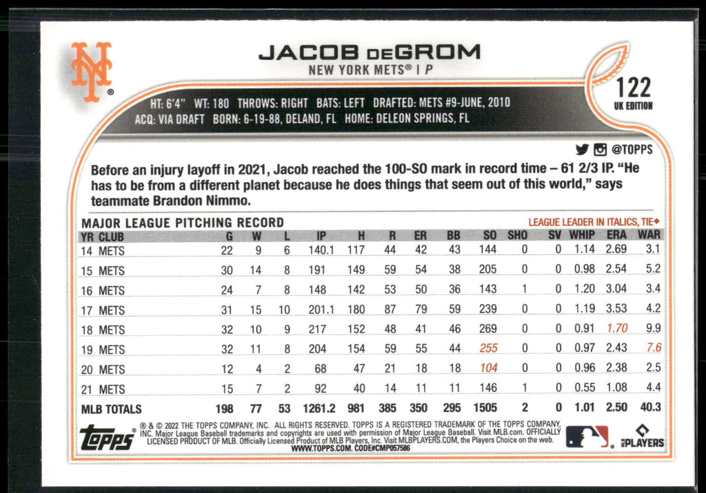 2022 Topps UK Edition #122 Jacob deGrom