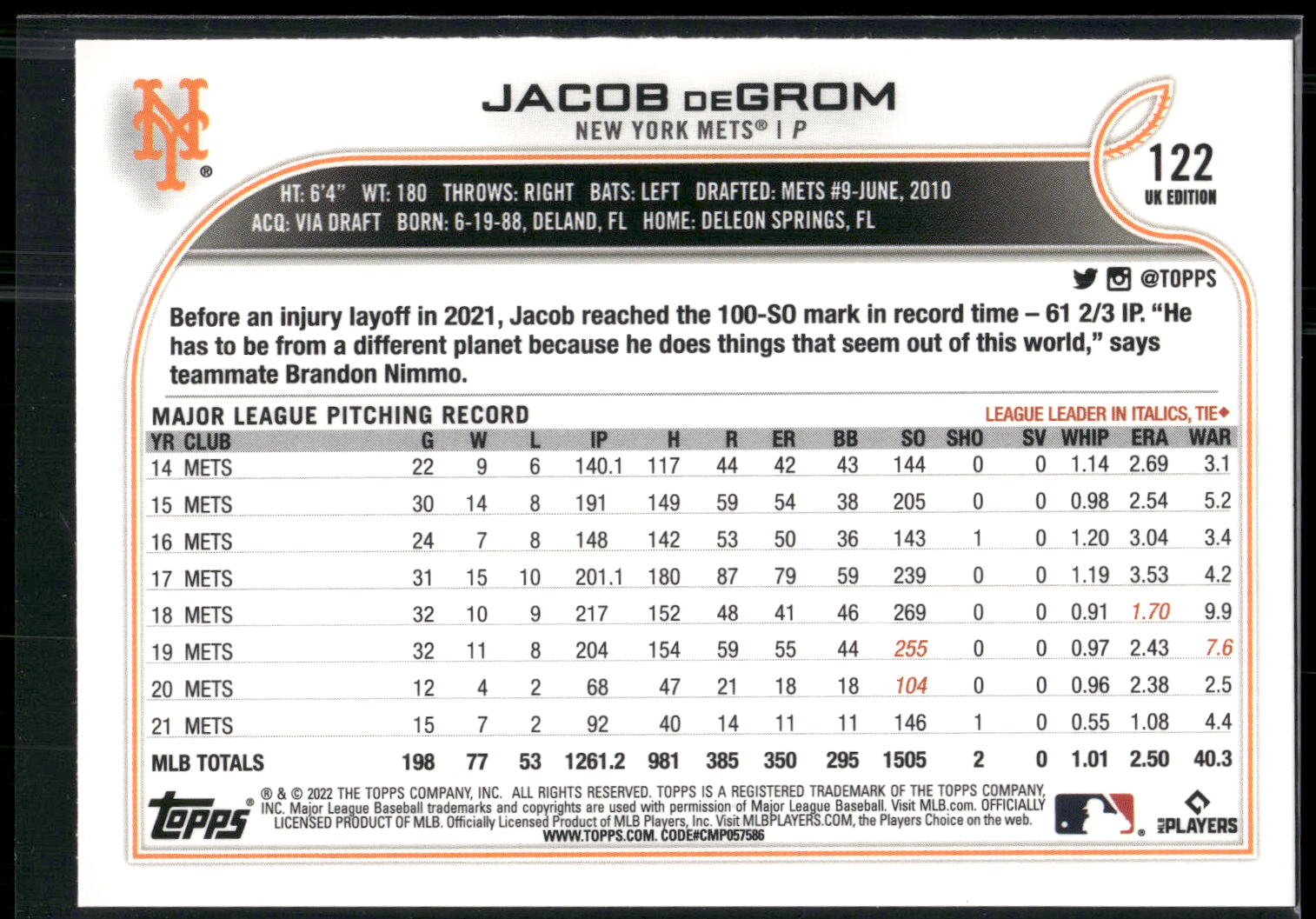 2022 Topps UK Edition #122 Jacob deGrom