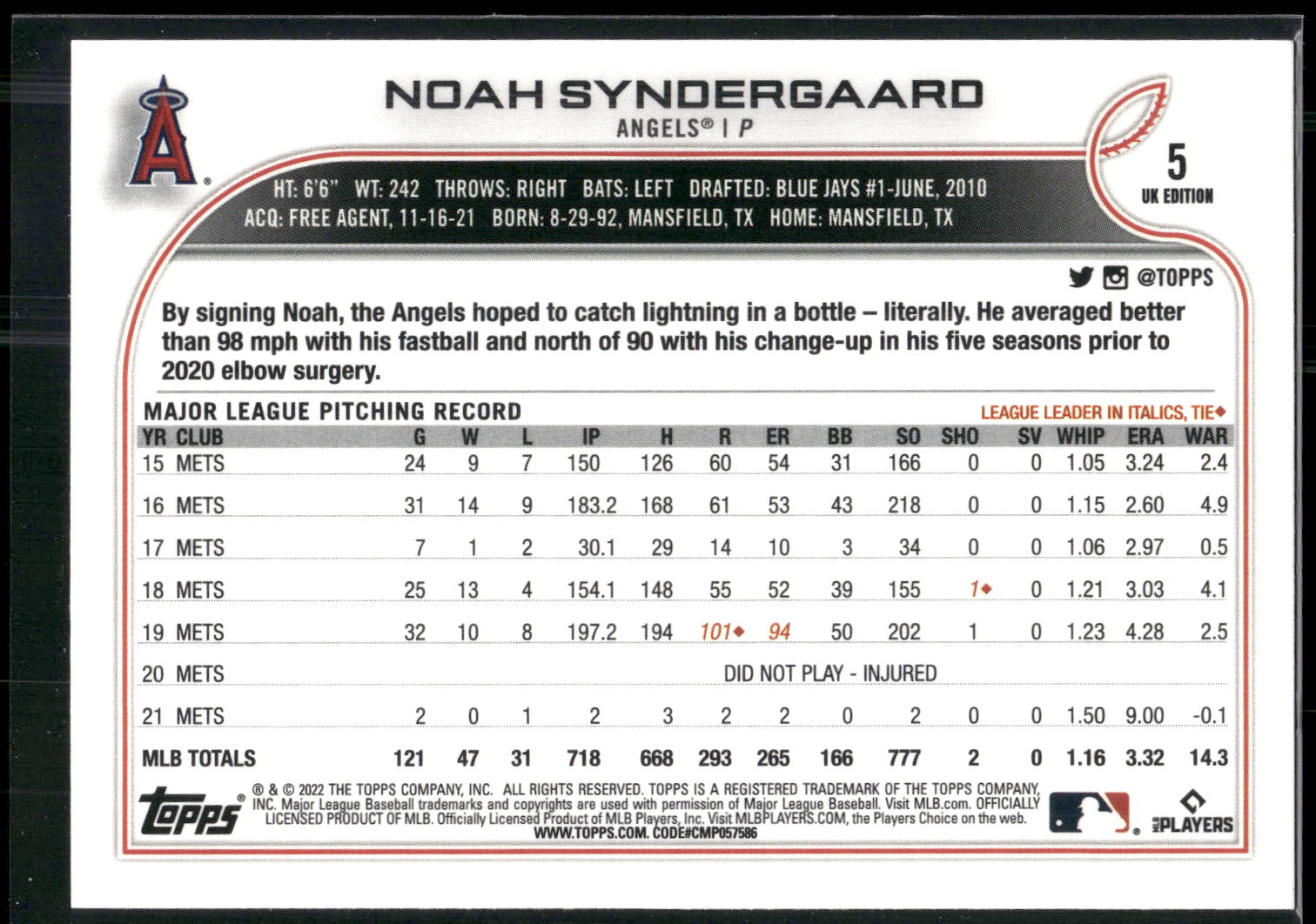 2022 Topps UK Edition #5 Noah Syndergaard