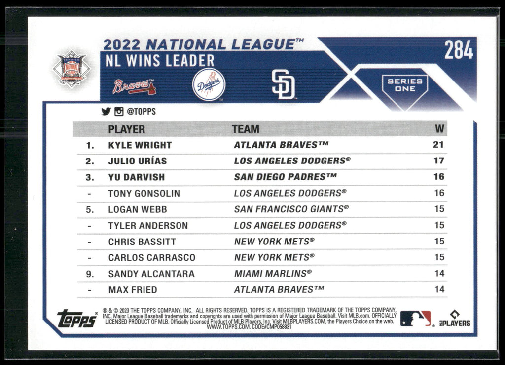 2023 Topps 1st Edition #284 NL (Kyle Wright / Julio Urias / Yu Darvish) LL