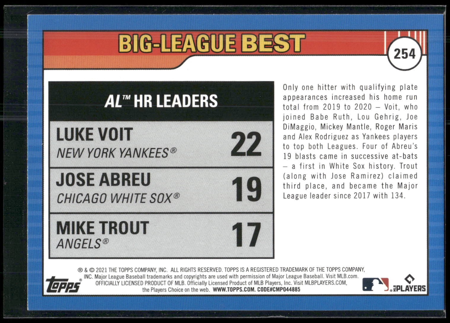 2021 Topps Big League #254 AL HR (Luke Voit / Jose Abreu / Mike Trout)