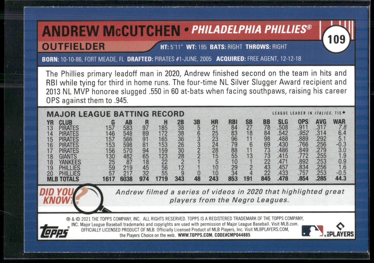 2021 Topps Big League #109 Andrew McCutchen