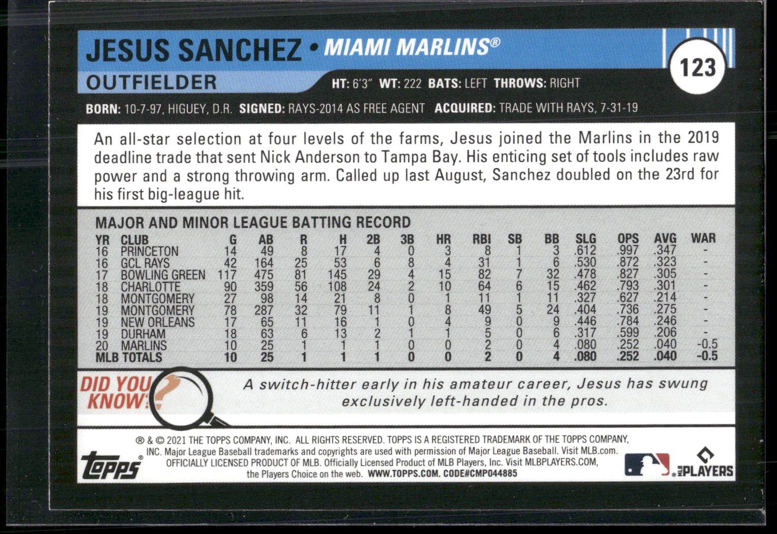 2021 Topps Big League #123 Jesus Sanchez