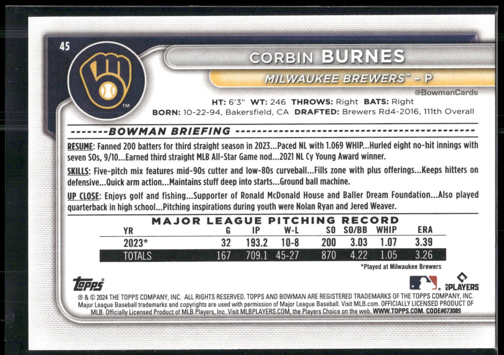 2024 Bowman #45 Corbin Burnes