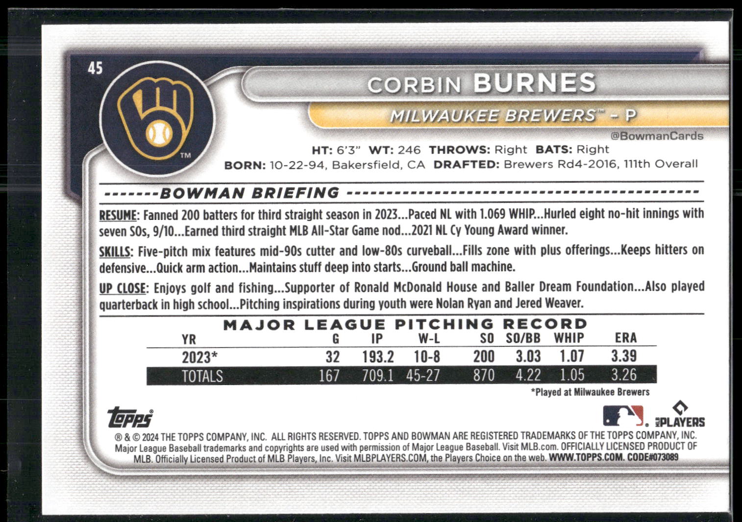 2024 Bowman #45 Corbin Burnes