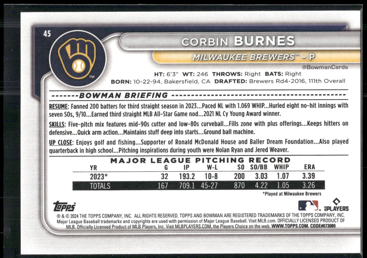 2024 Bowman #45 Corbin Burnes