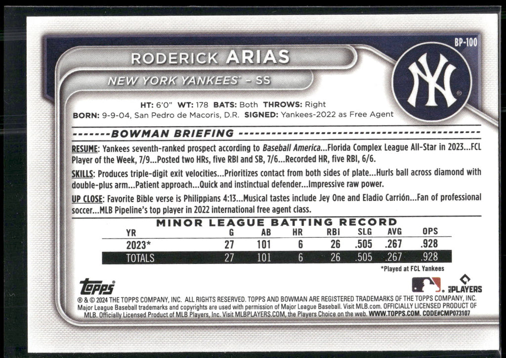 2024 Bowman #BP-100 Roderick Arias Prospects
