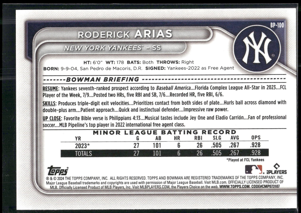 2024 Bowman #BP-100 Roderick Arias Prospects