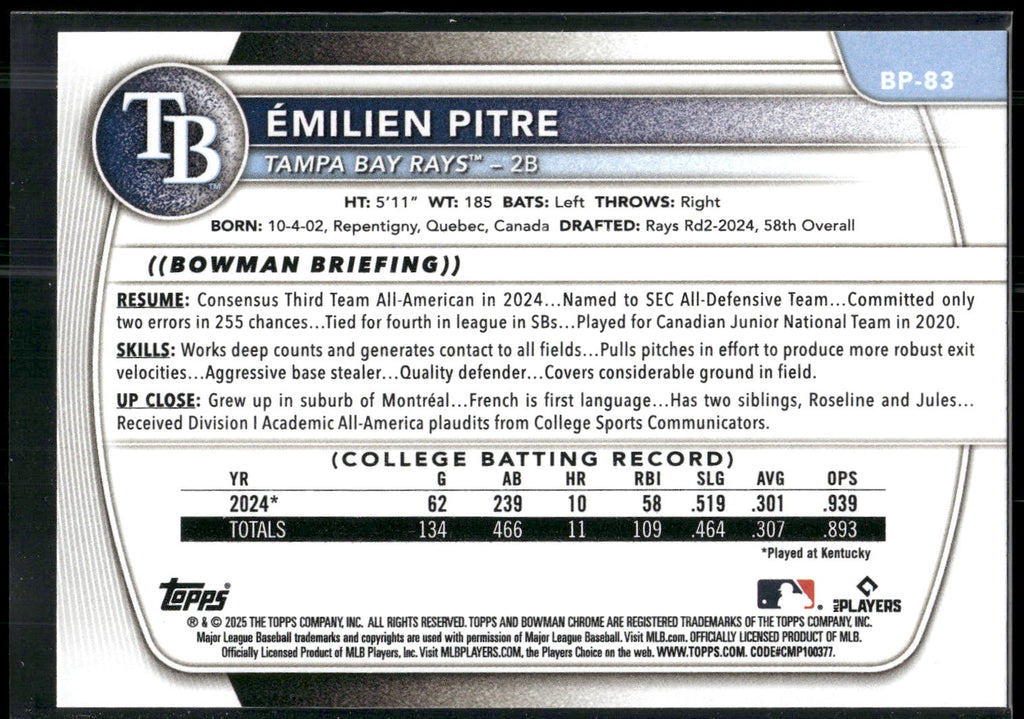 2025 Bowman #BP-83 Émilien Pitre Prospects
