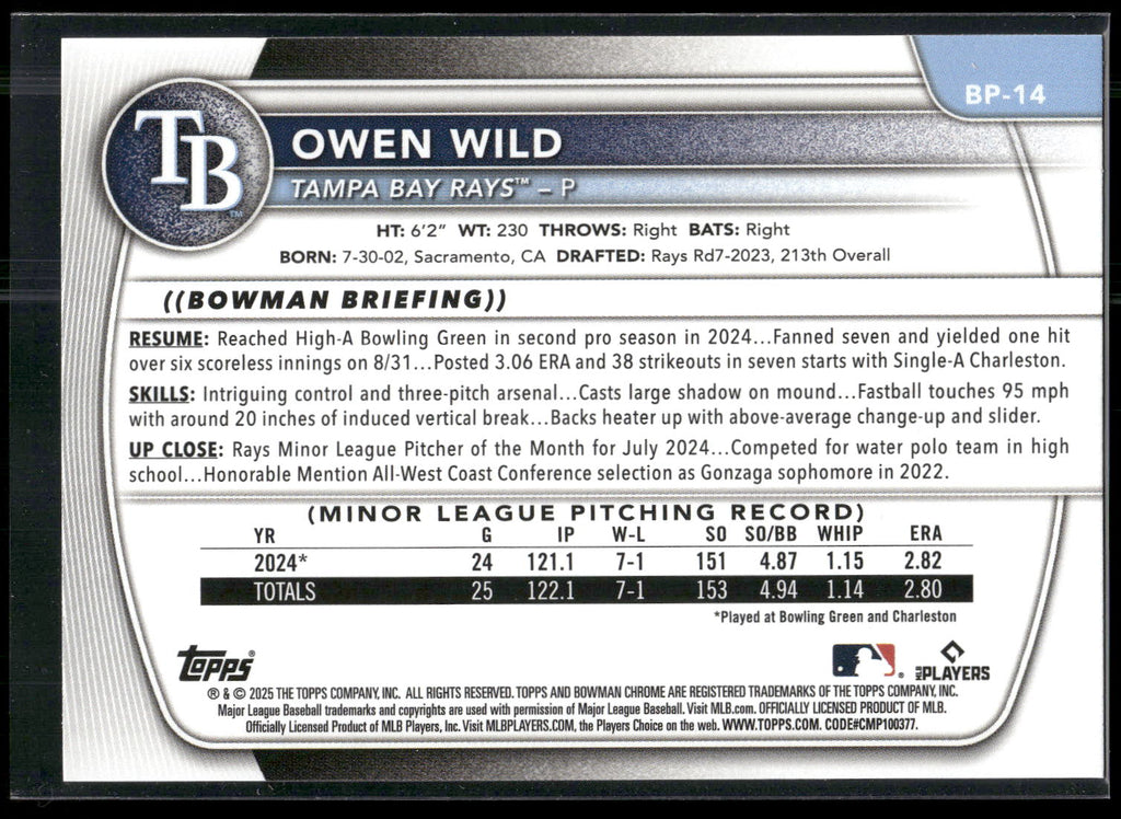 2025 Bowman #BP-14 Owen Wild Prospects