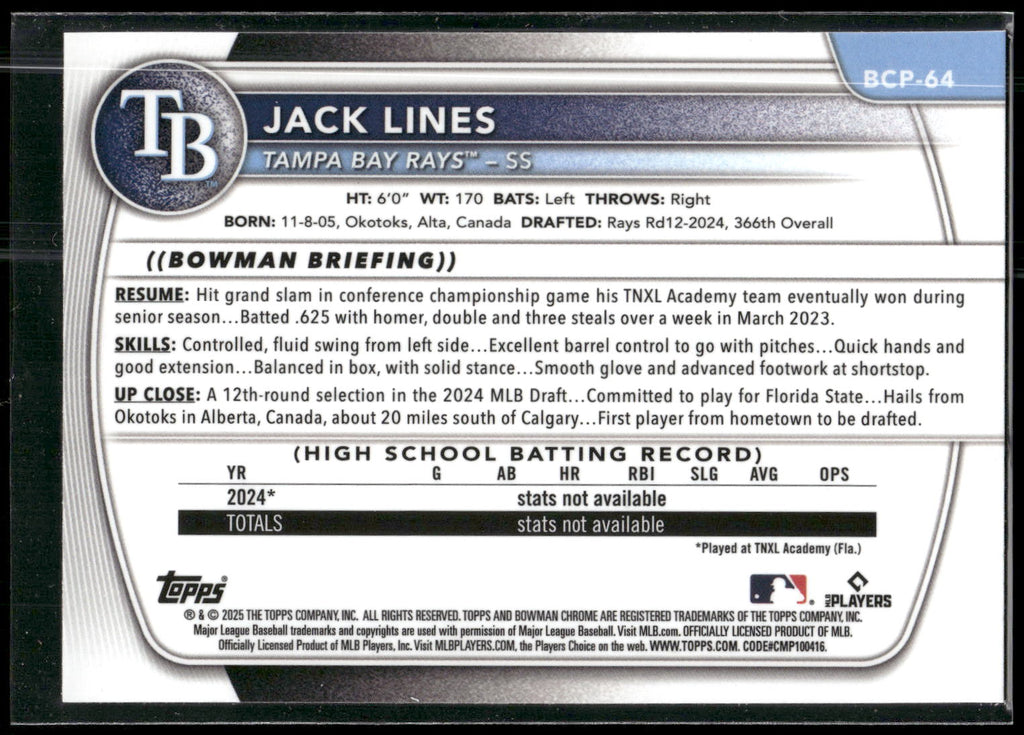 2025 Bowman #BCP-64 Jack Lines Chrome Prospects