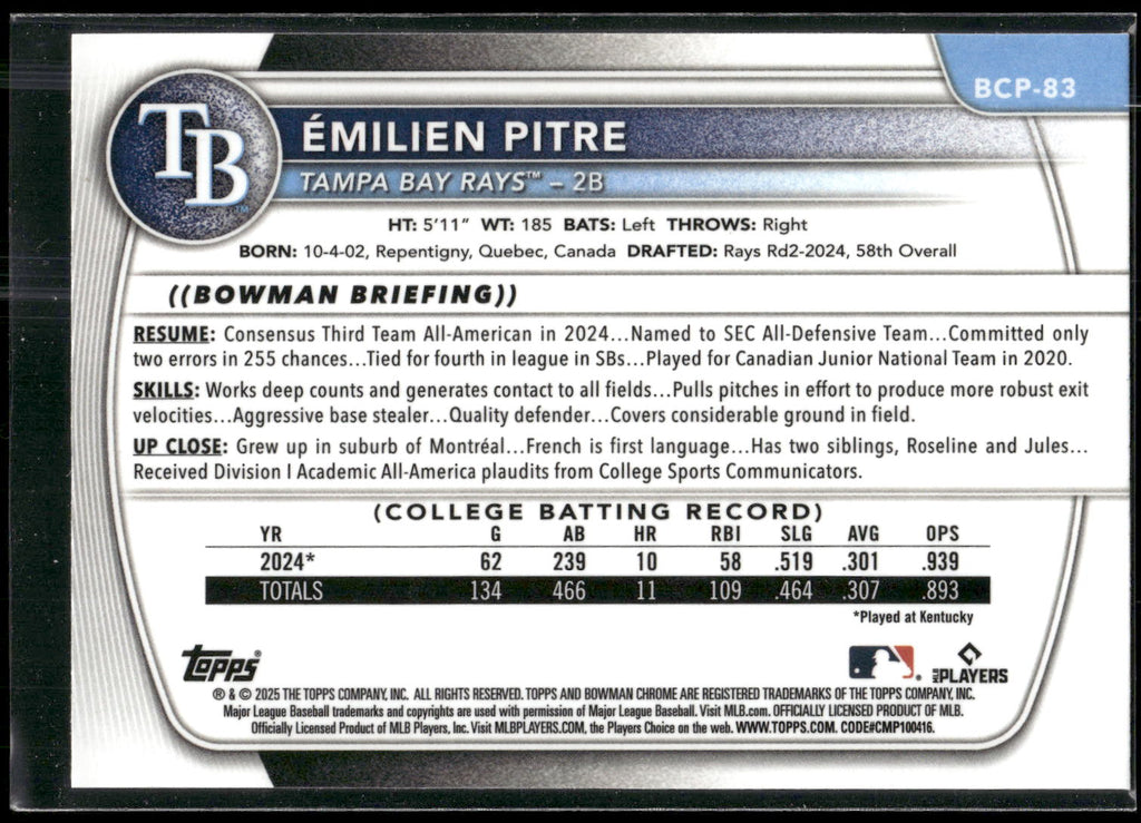 2025 Bowman #BCP-83 Émilien Pitre Chrome Prospects