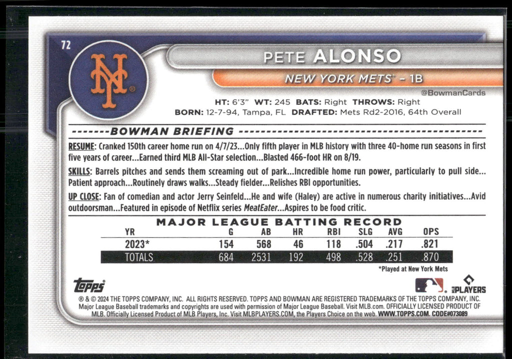 2024 Bowman #72 Pete Alonso