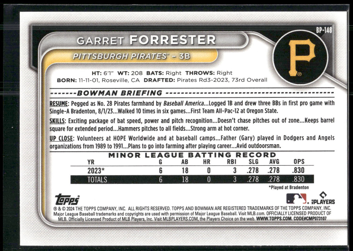 2024 Bowman #BP-148 Garret Forrester Prospects