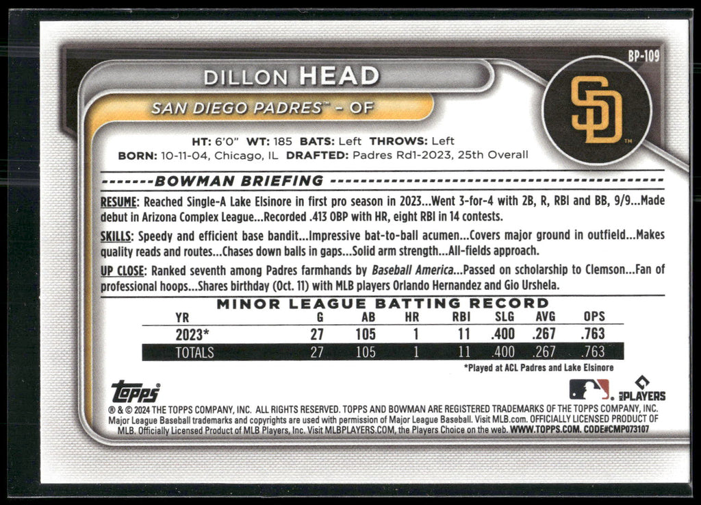 2024 Bowman #BP-109 Dillon Head Prospects
