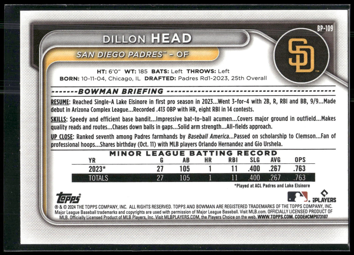 2024 Bowman #BP-109 Dillon Head Prospects