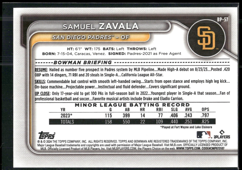 2024 Bowman #BP-57 Samuel Zavala Prospects