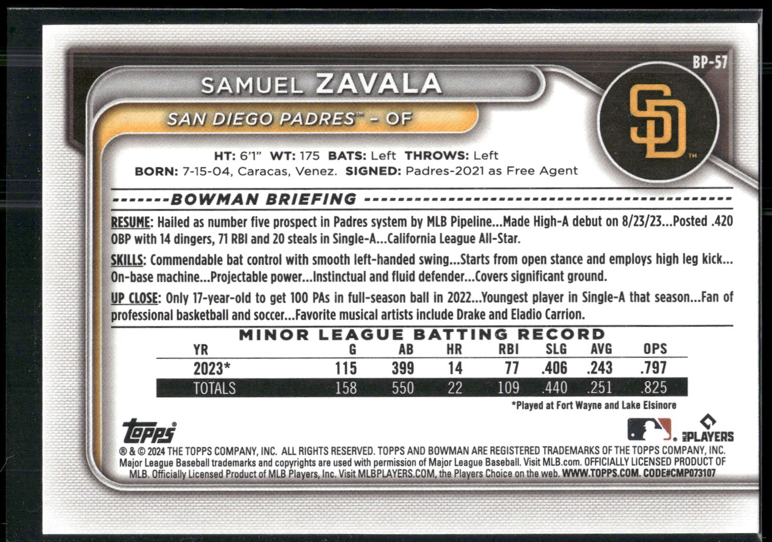 2024 Bowman #BP-57 Samuel Zavala Prospects