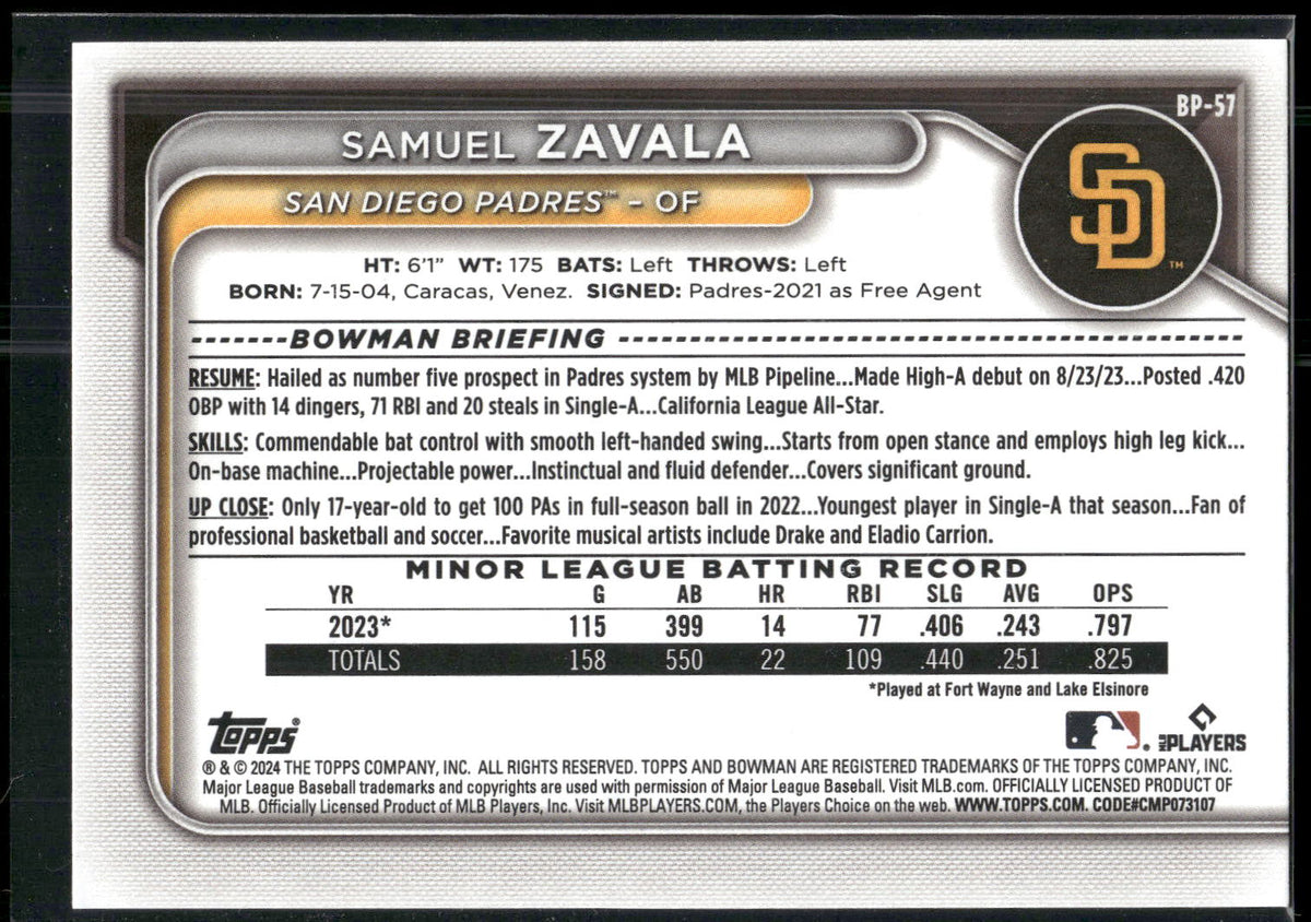 2024 Bowman #BP-57 Samuel Zavala Prospects