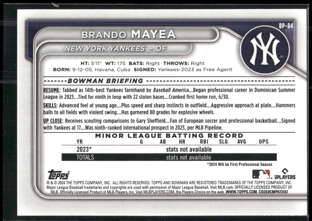 2024 Bowman #BP-84 Brando Mayea Prospects
