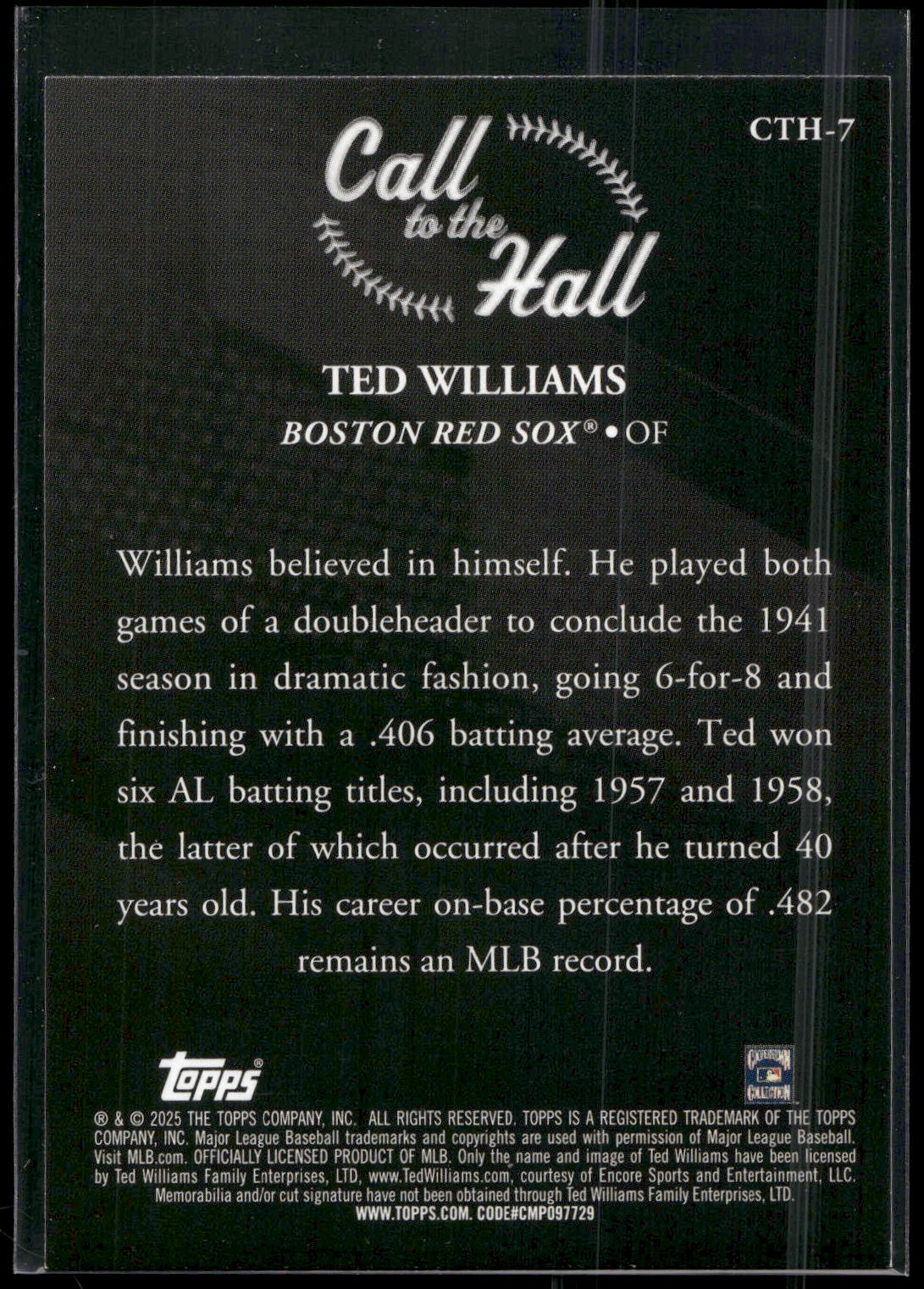 2025 Topps #CTH-7 Ted Williams Call to the Hall