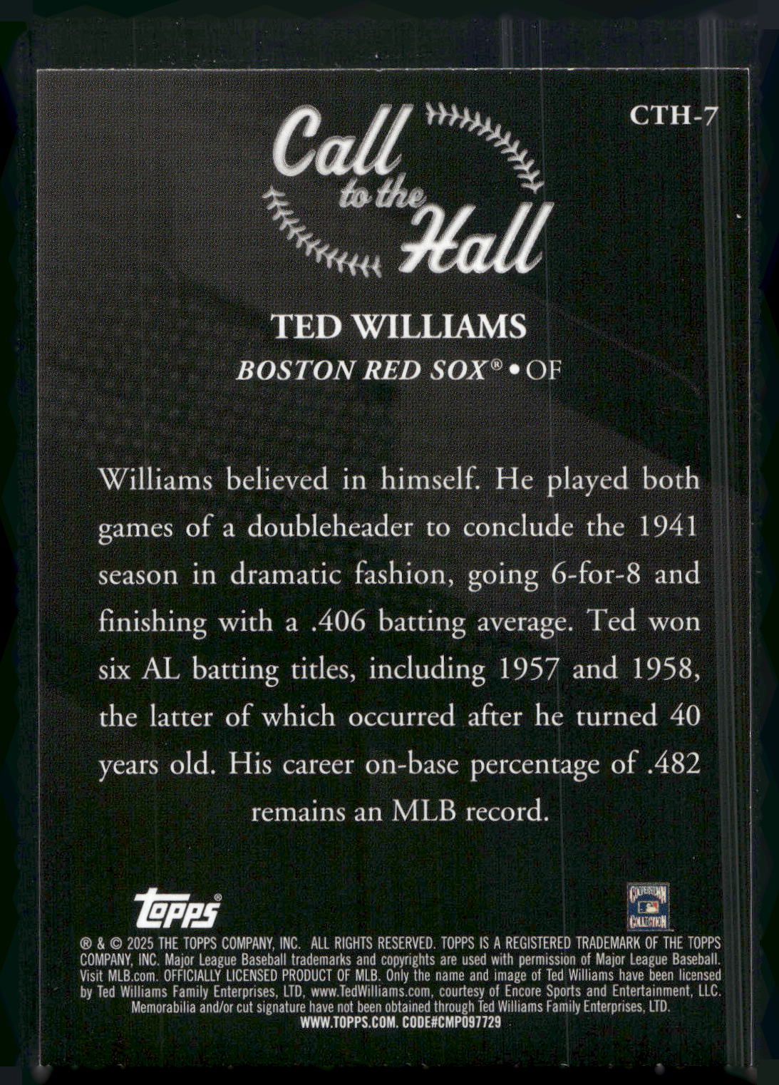 2025 Topps #CTH-7 Ted Williams Call to the Hall